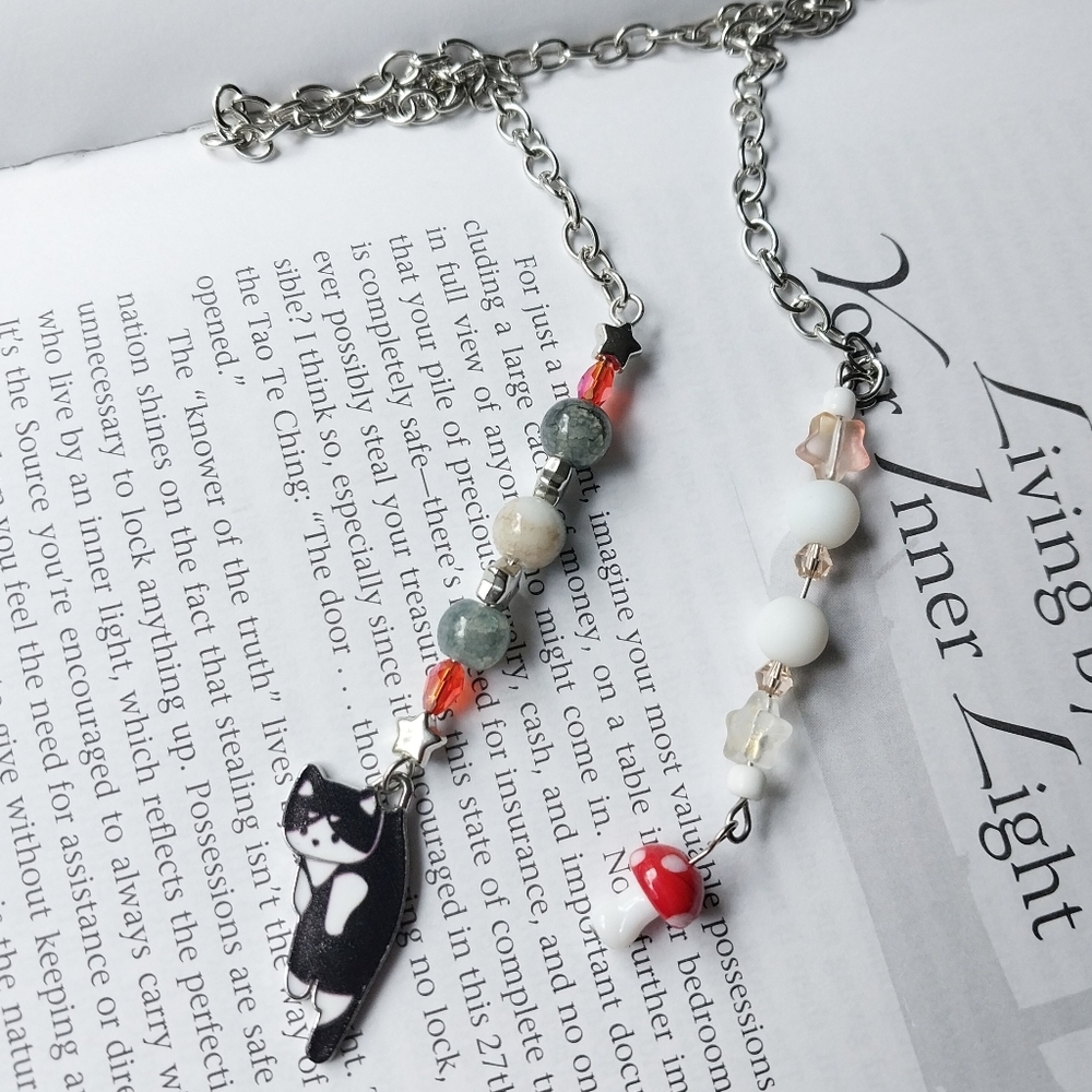 Cat Mushroom Bookmark Handcrafted Artisan Beaded Chain Journal Gift Read Book